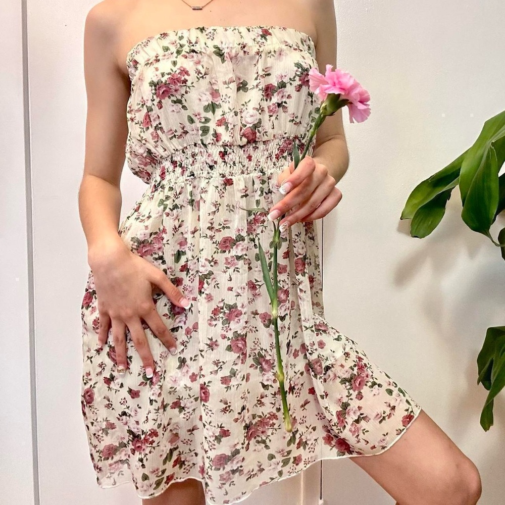 💜Katie Vintage Floral Strapless Mini Dress Size Small